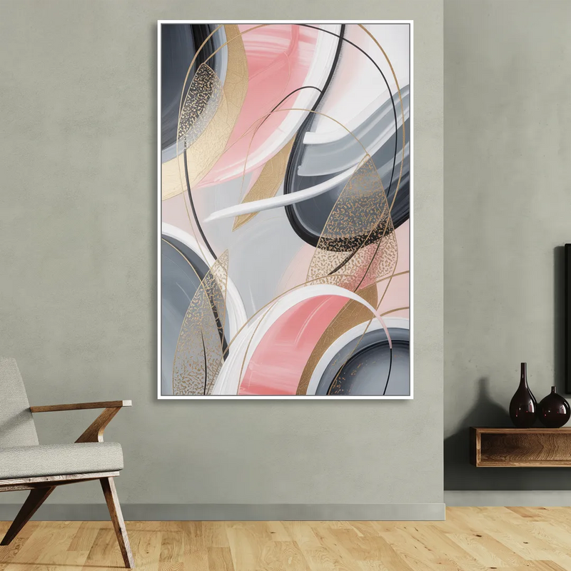 Elegant Opulence Pink and Grey Abstract Living Room - White Canvas Wall Art