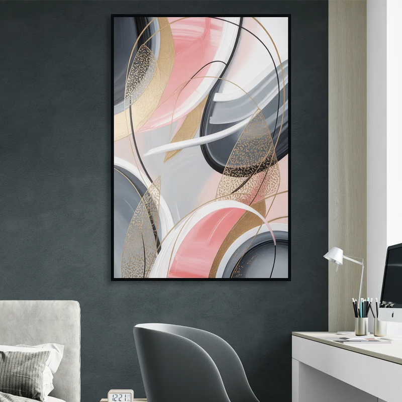 Elegant Opulence Pink and Grey Abstract Living Room - Black Canvas Wall Art