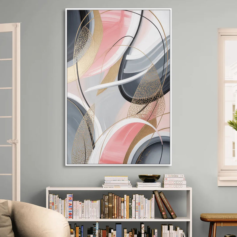 Elegant Opulence Pink and Grey Abstract Sitting Room - White Canvas Wall Art