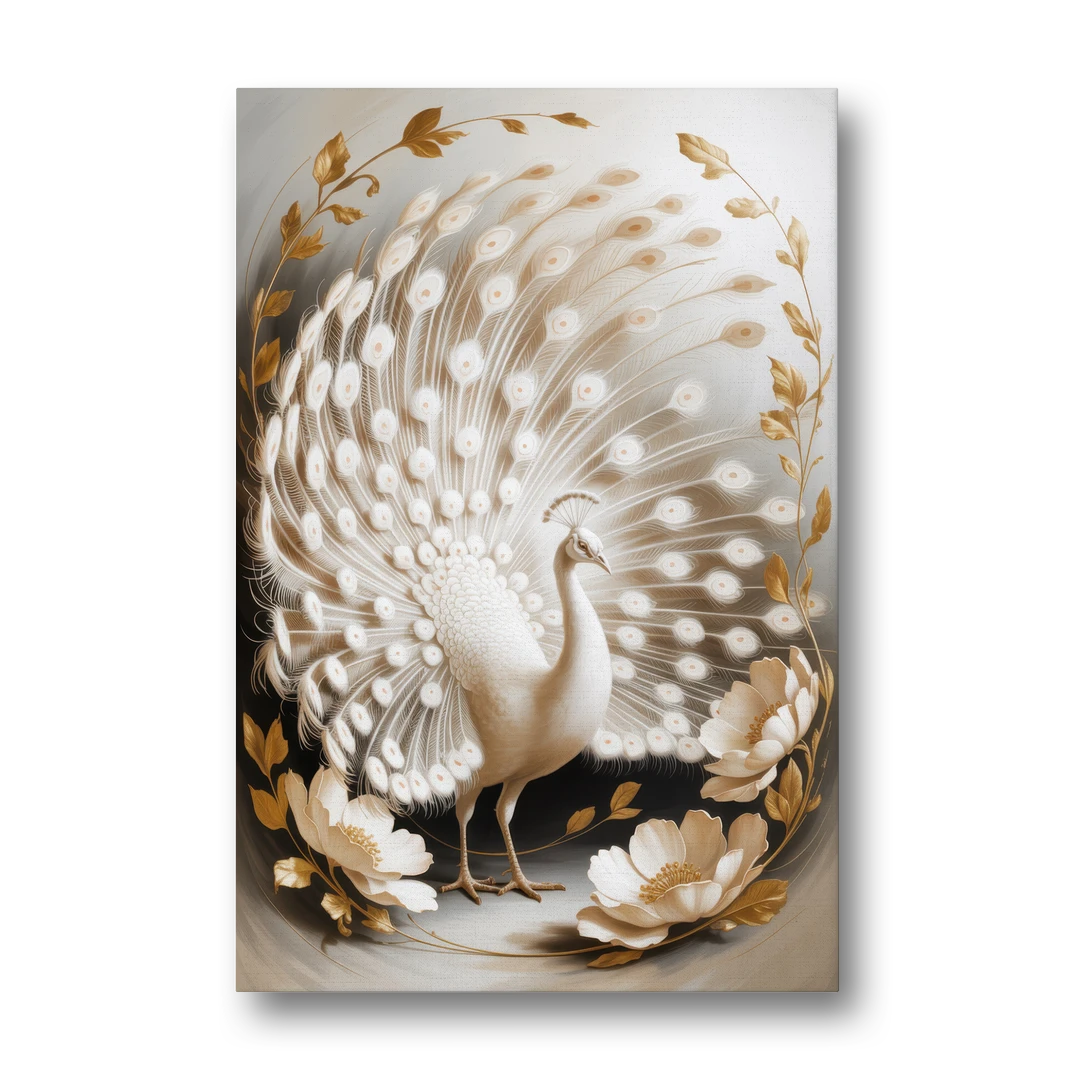 Elegant Peacock in White and Gold - Canvas Wall Art - Front