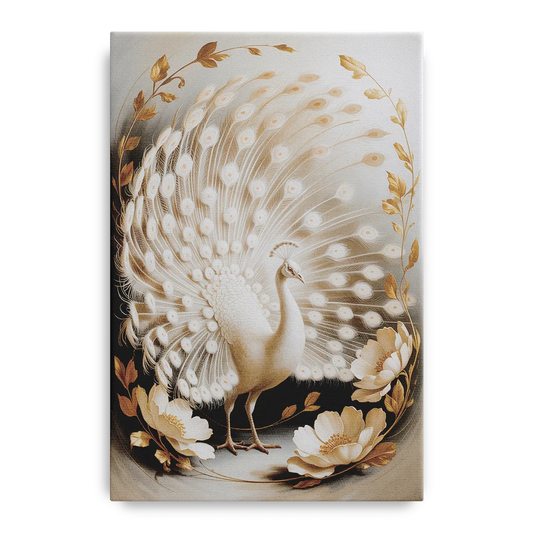 Elegant Peacock in White and Gold - Canvas Wall Art