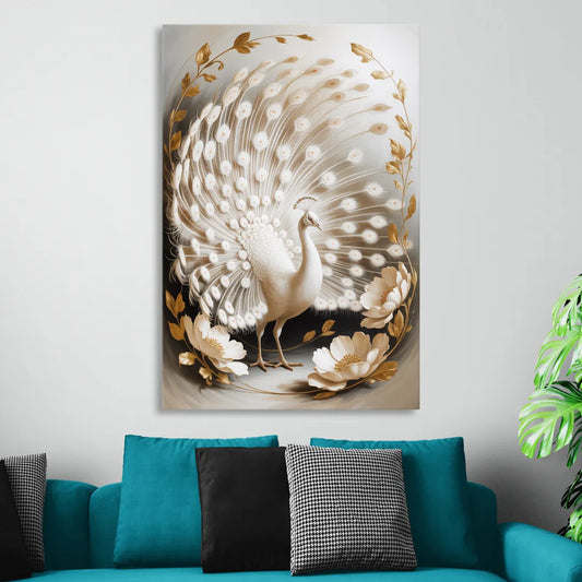 Elegant Peacock in White and Gold Living Room - Canvas Wall Art