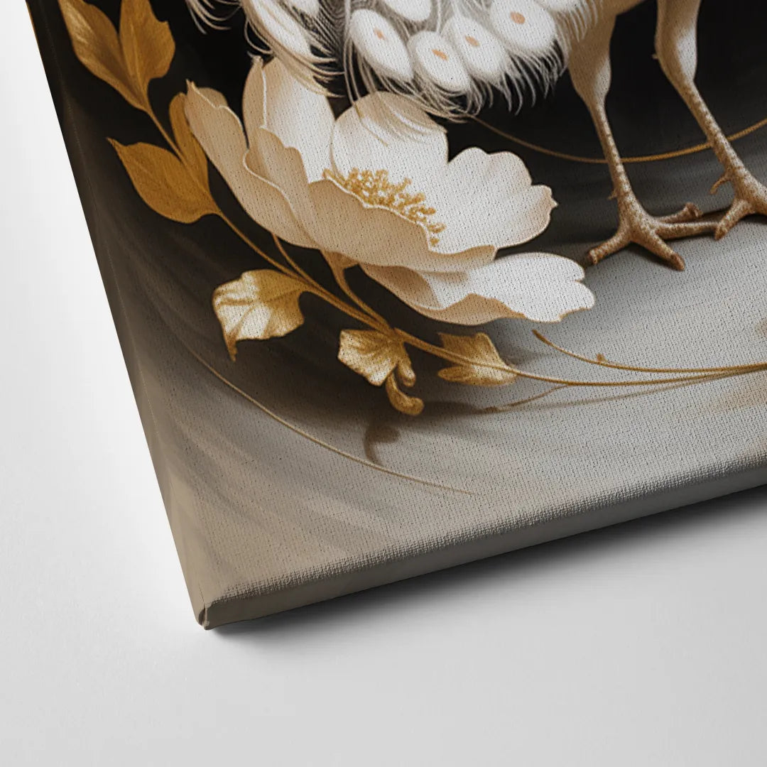 Elegant Peacock in White and Gold Canvas Close Up