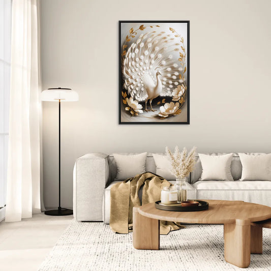 Elegant Peacock in White and Gold - Living Room Black Frame Canvas