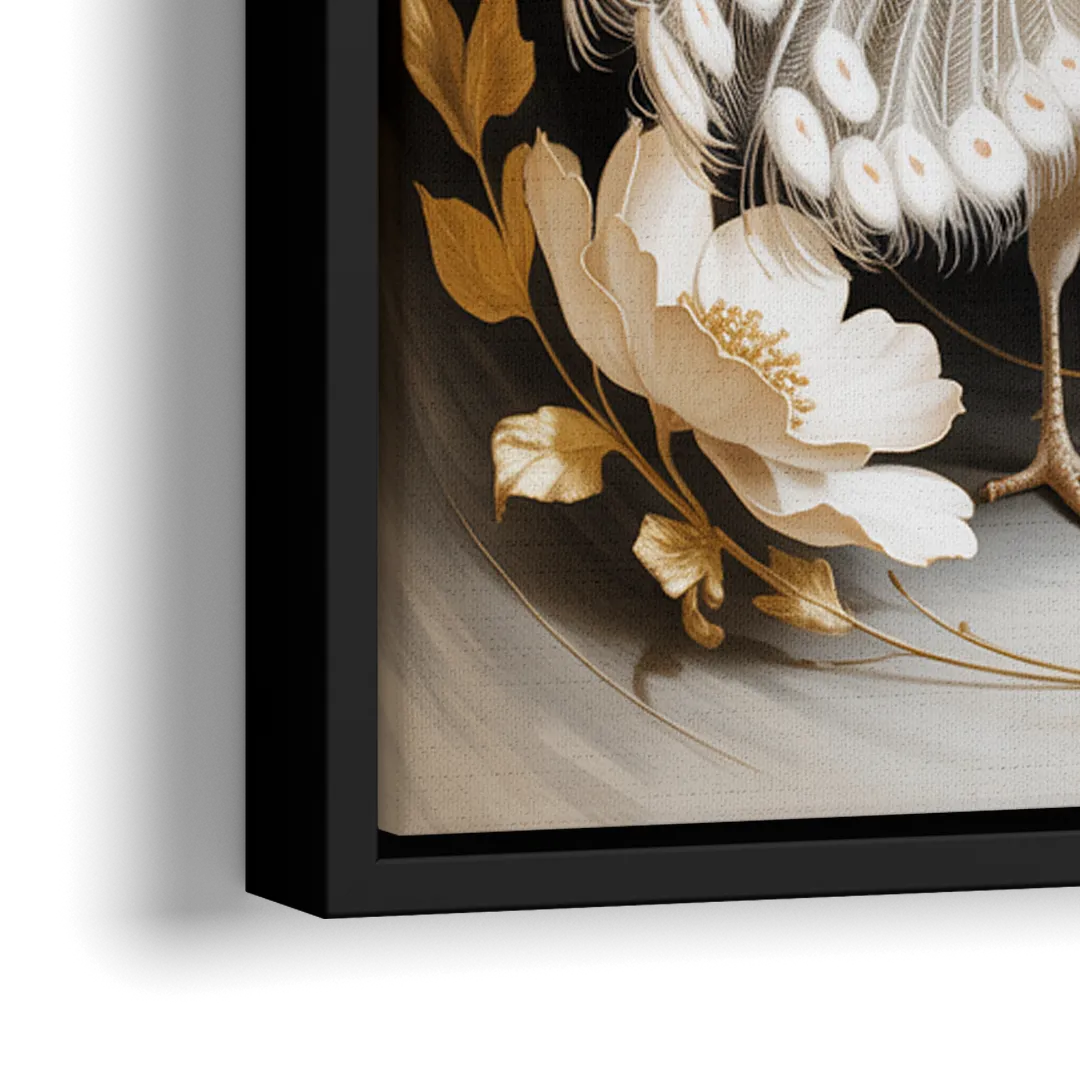 Elegant Peacock in White and Gold - Close-Up Black Frame Canvas