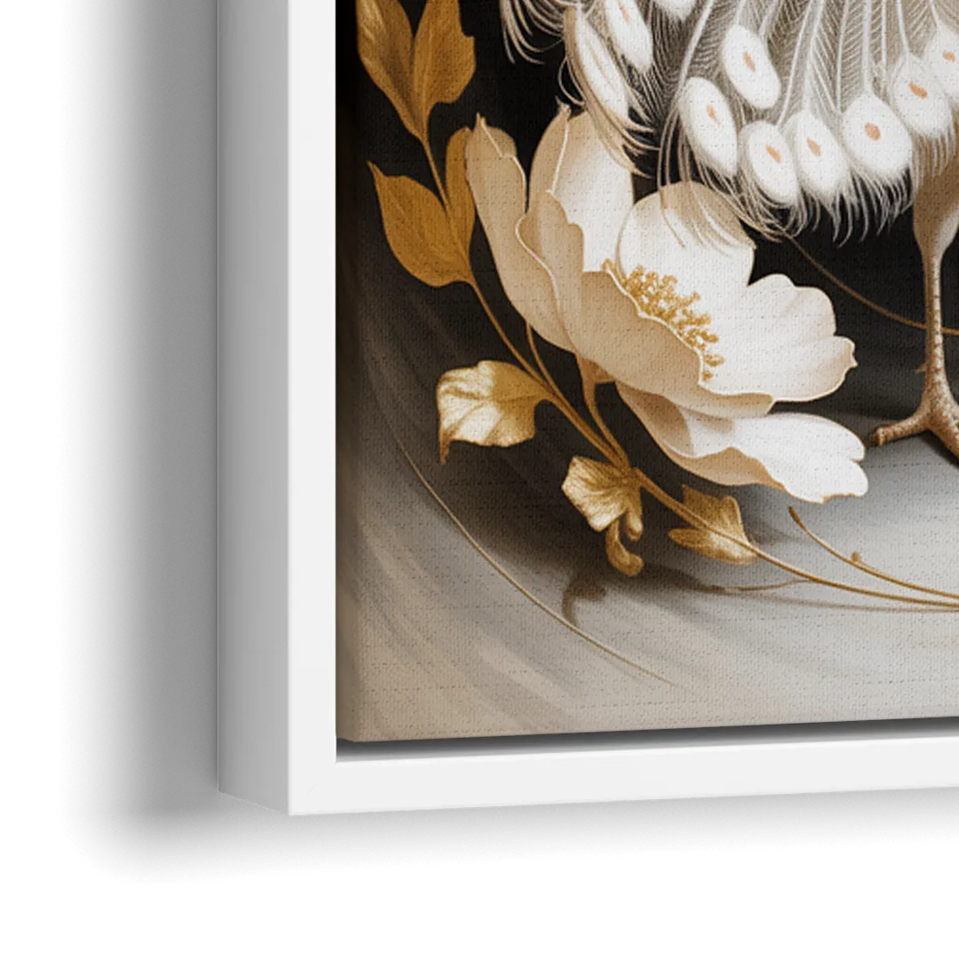 Elegant Peacock in White and Gold - Close-Up White Frame Canvas