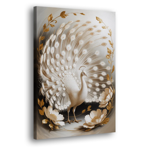 Elegant Peacock in White and Gold - Canvas Wall Art