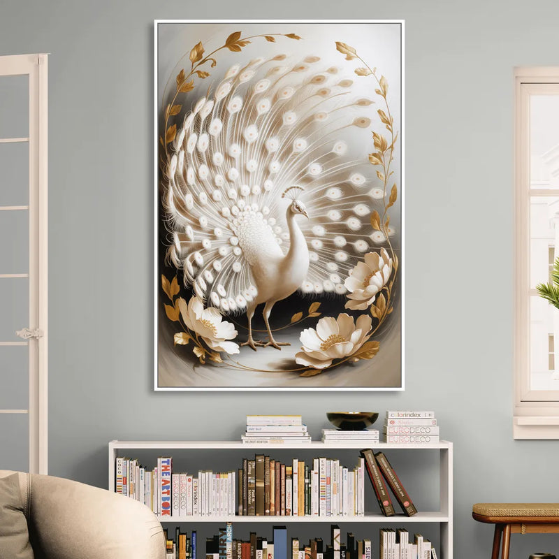Elegant Peacock in White and Gold Living Room - White Canvas Wall Art