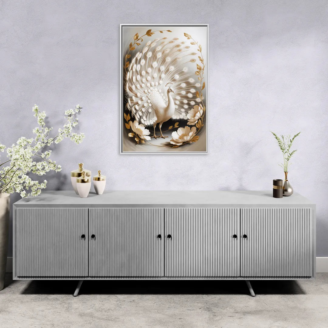 Elegant Peacock in White and Gold - Living Room White Frame Canvas