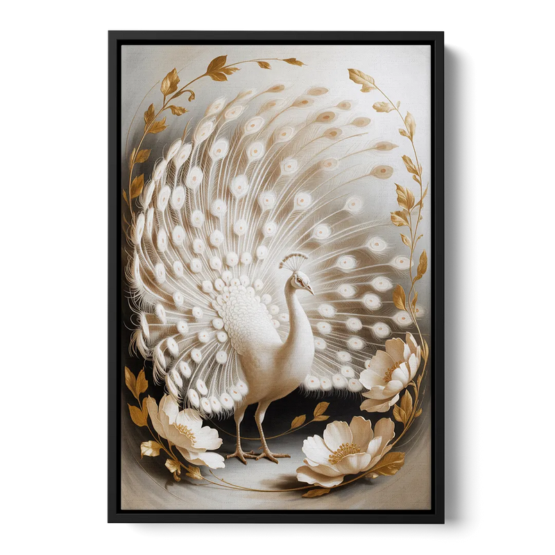 Elegant Peacock in White and Gold Front - Black Canvas Wall Art