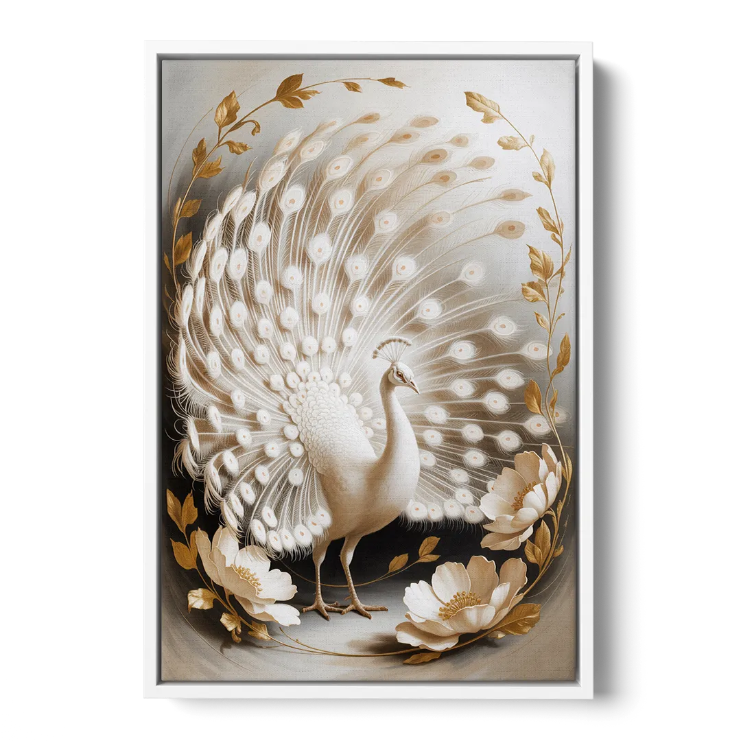 Elegant Peacock in White and Gold - White Frame Canvas