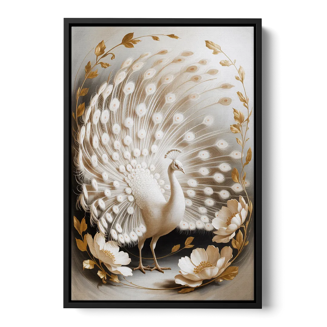 Elegant Peacock in White and Gold - Black Frame Canvas