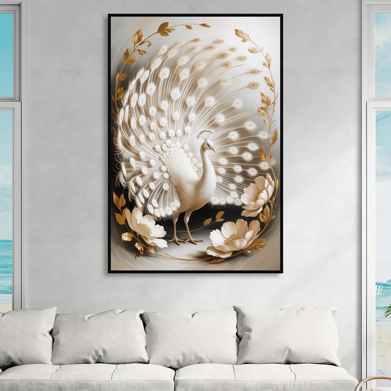 Elegant Peacock in White and Gold Sitting Room - Black Canvas Wall Art