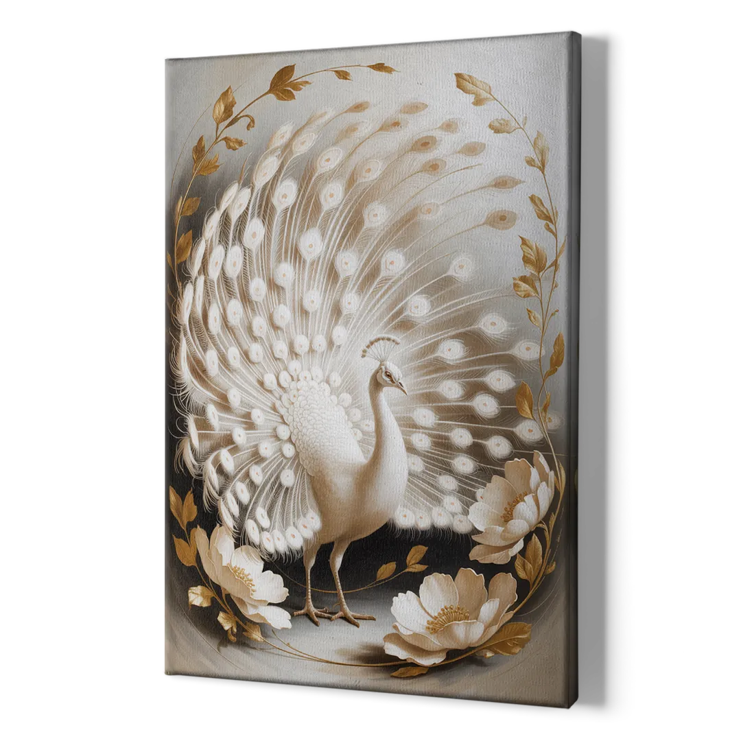 Elegant Peacock in White and Gold - Canvas Print Art Sides