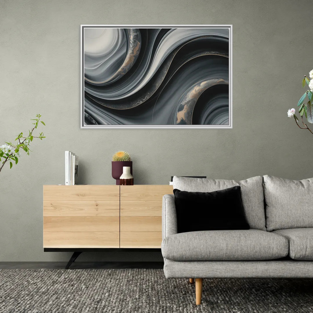 Elegant Ripples Black and Grey Abstract - Living Room White Frame Canvas
