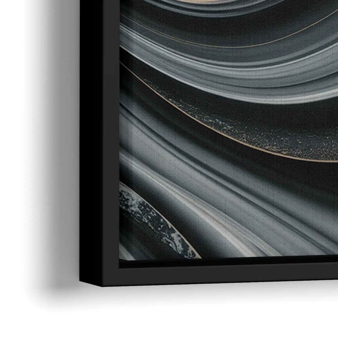 Elegant Ripples Black and Grey Abstract - Close-Up Black Frame Canvas