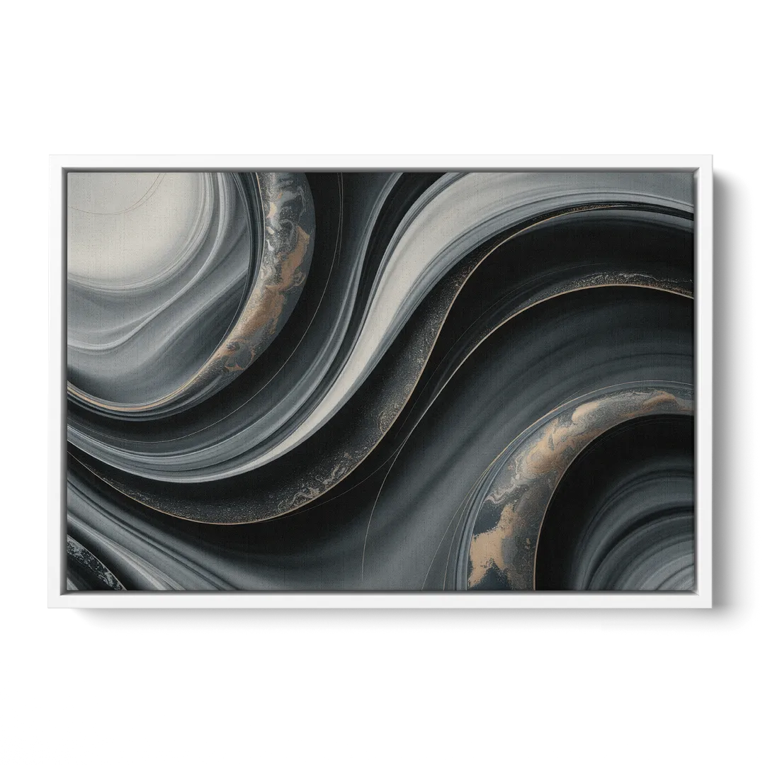 Elegant Ripples Black and Grey Abstract - White Frame Canvas