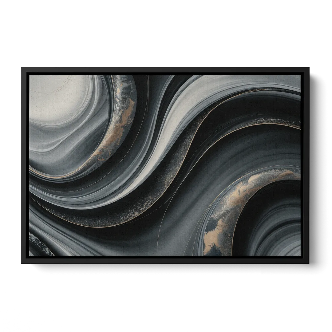 Elegant Ripples Black and Grey Abstract - Black Frame Canvas