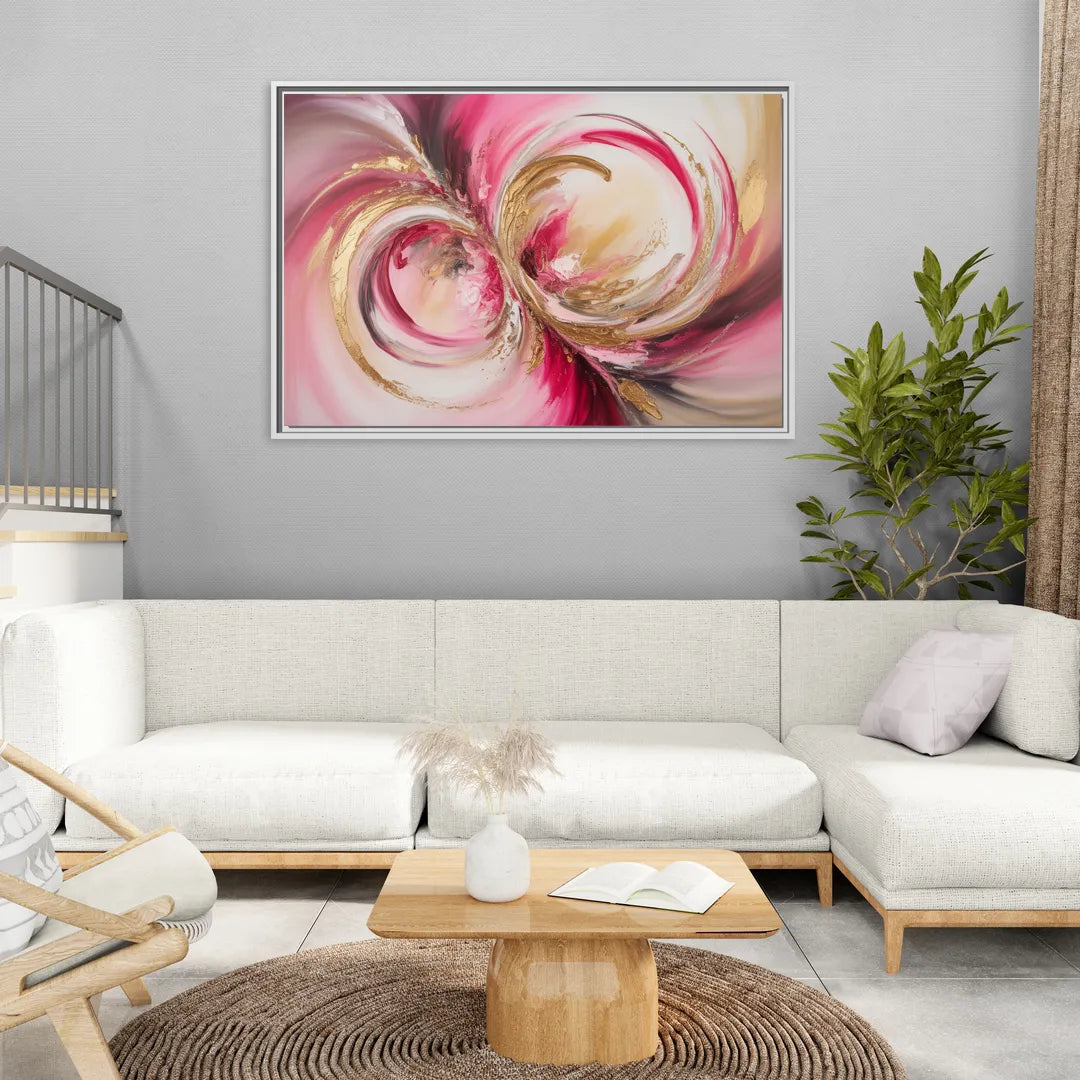Elegant Swirl Pink and Gold Abstract - Living Room White Frame Canvas