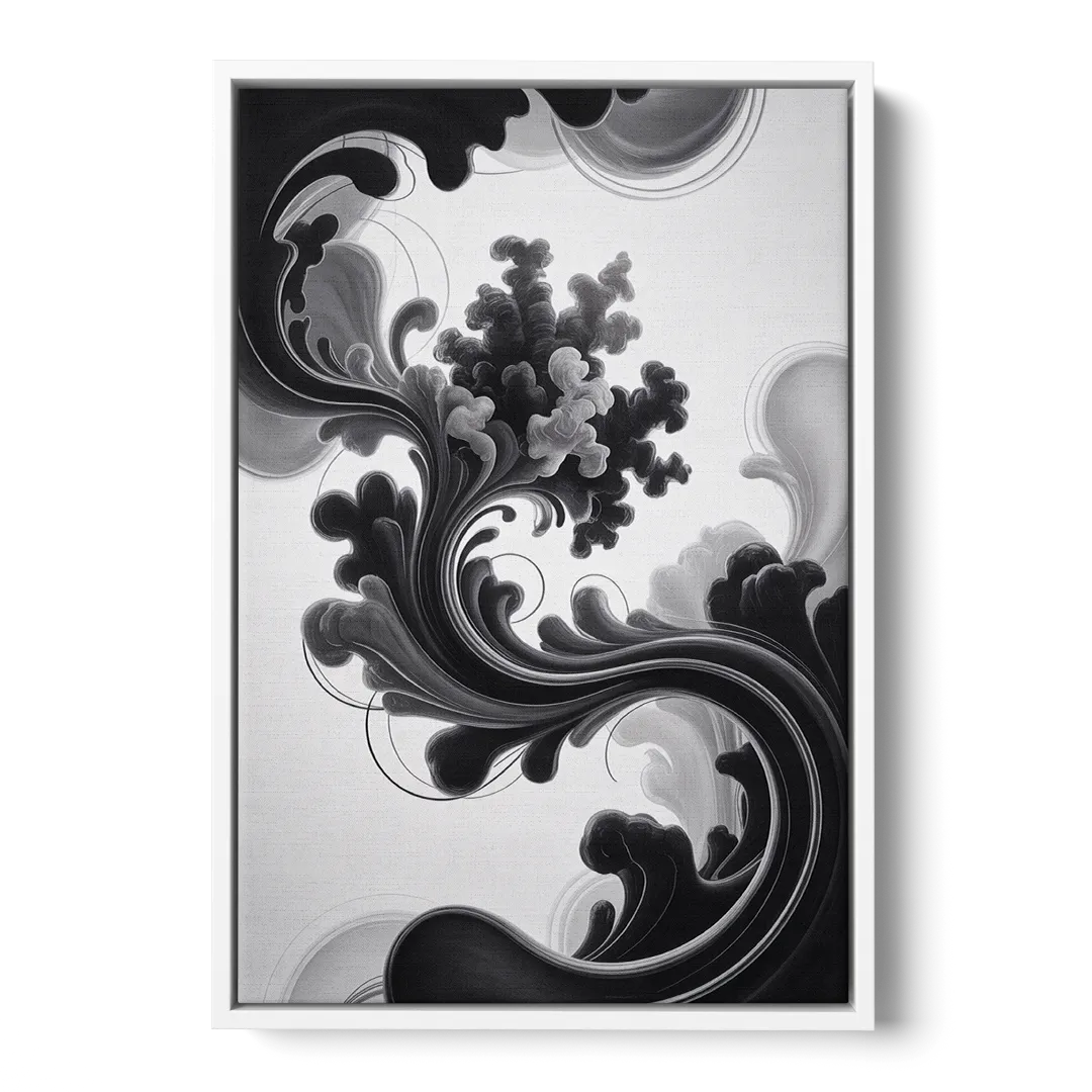 Elegant Swirls Black and White Abstract - White Frame Canvas