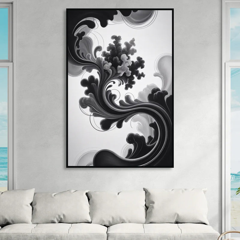 Elegant Swirls Black and White Abstract Living Room - Black Canvas Wall Art