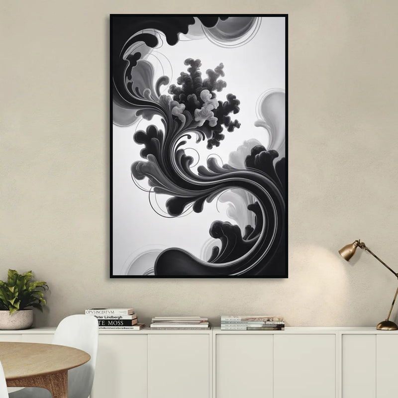 Elegant Swirls Black and White Abstract Sitting Room - Black Canvas Wall Art