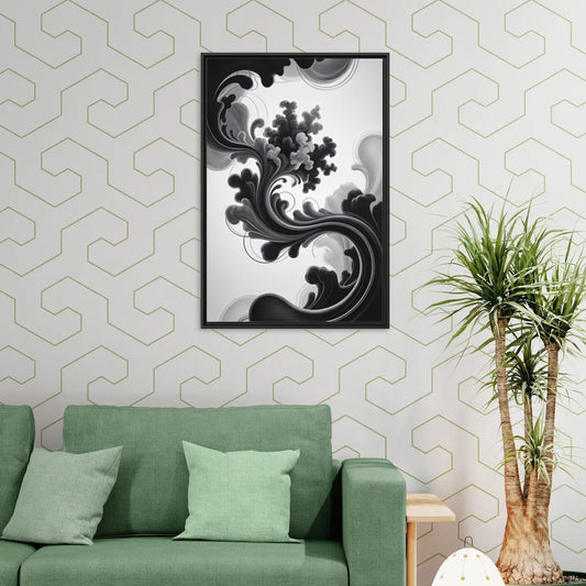 Elegant Swirls Black and White Abstract - Living Room Black Frame Canvas