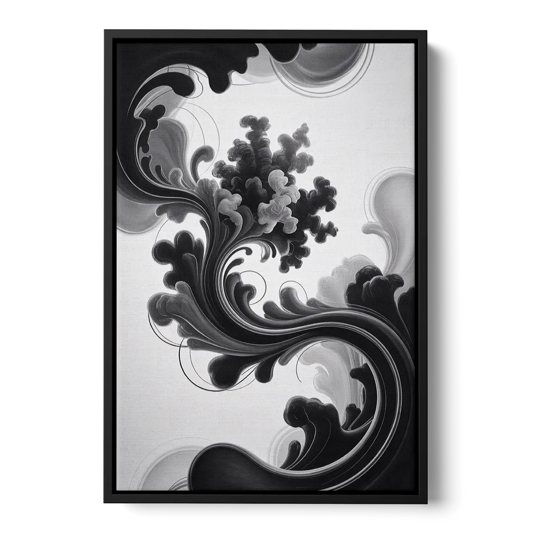 Elegant Swirls Black and White Abstract - Black Frame Canvas