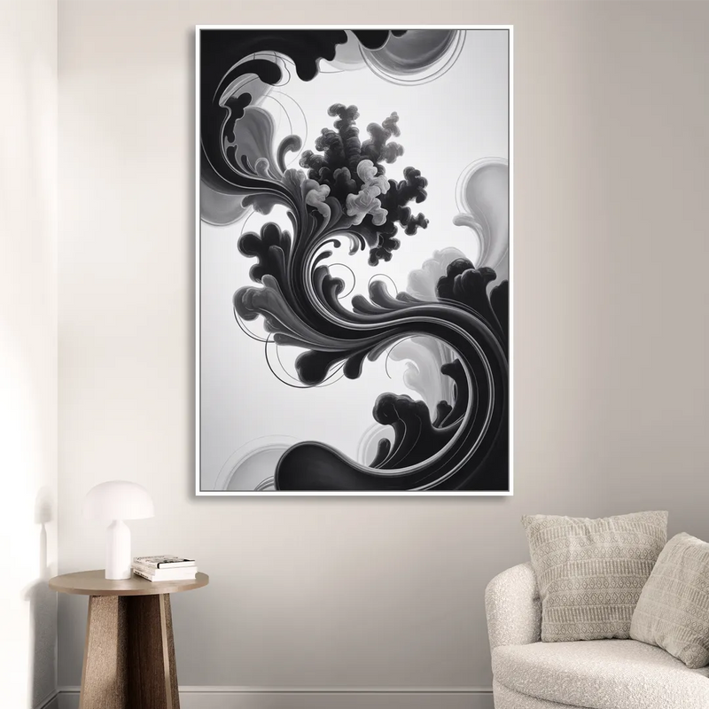 Elegant Swirls Black and White Abstract Sitting Room - White Canvas Wall Art
