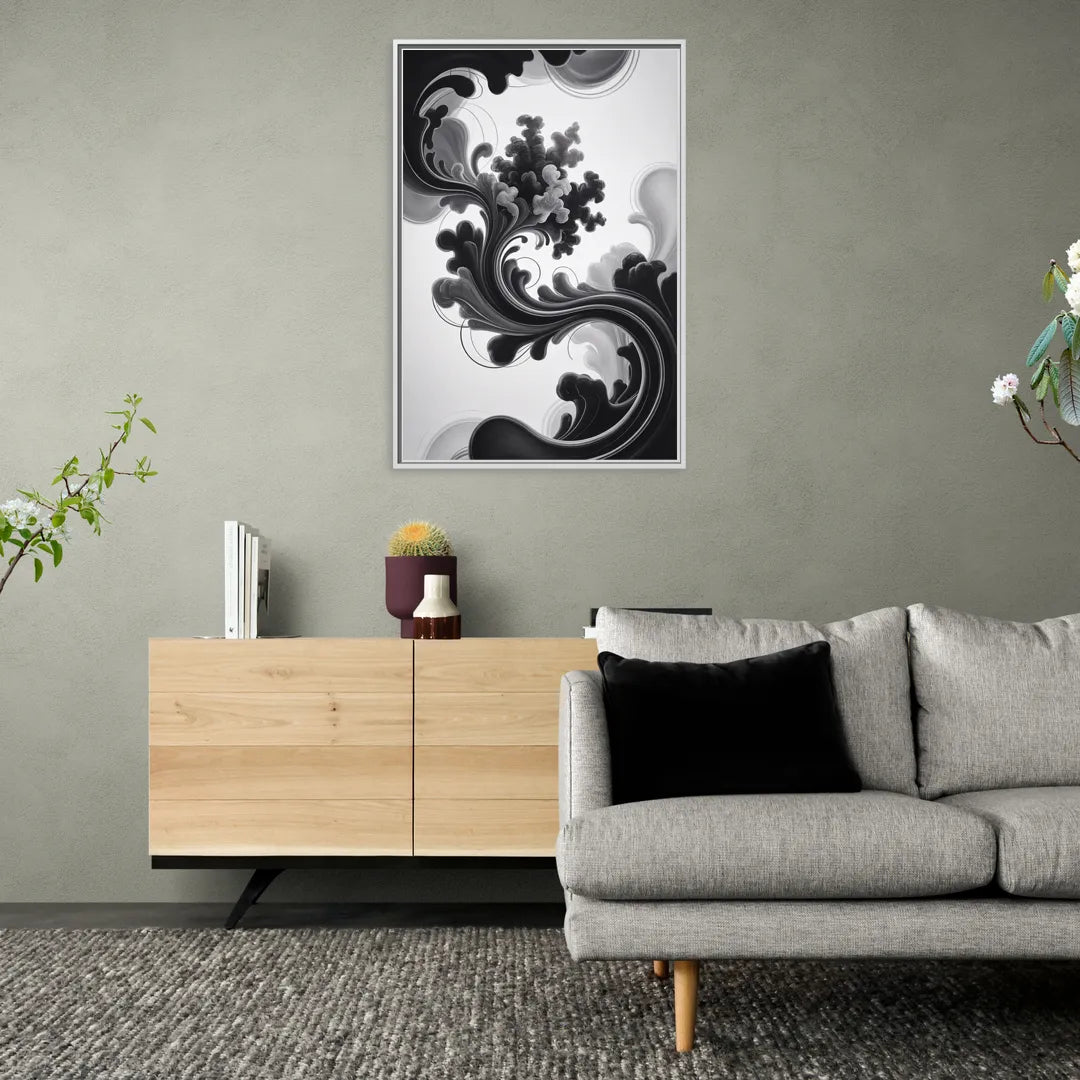 Elegant Swirls Black and White Abstract - Living Room White Frame Canvas