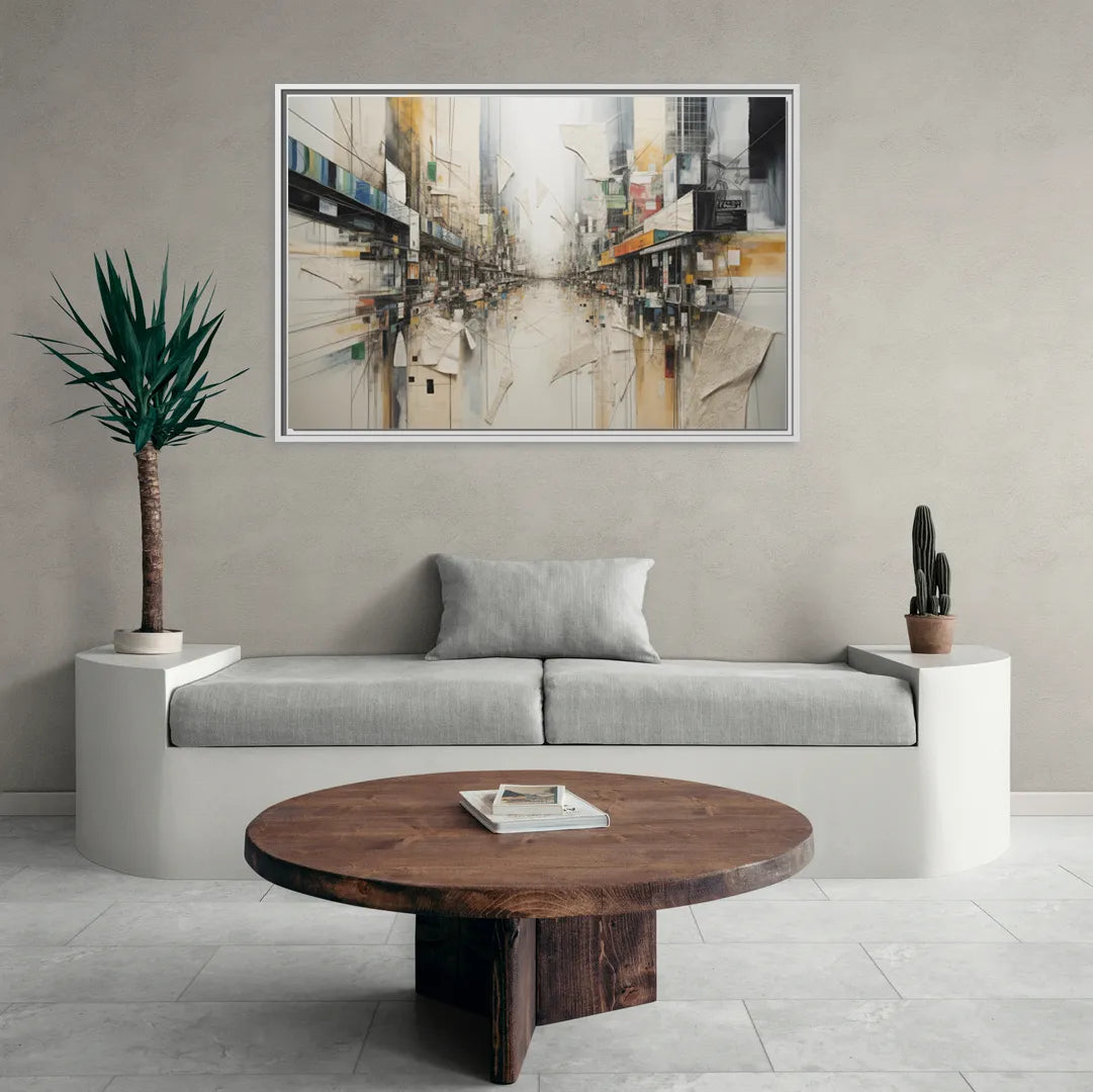 Elegant Urban Layers White Abstract - Living Room White Frame Canvas