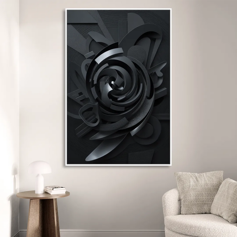 Elegant Vortex Swirl Black Abstract Living Room - White Canvas Wall Art