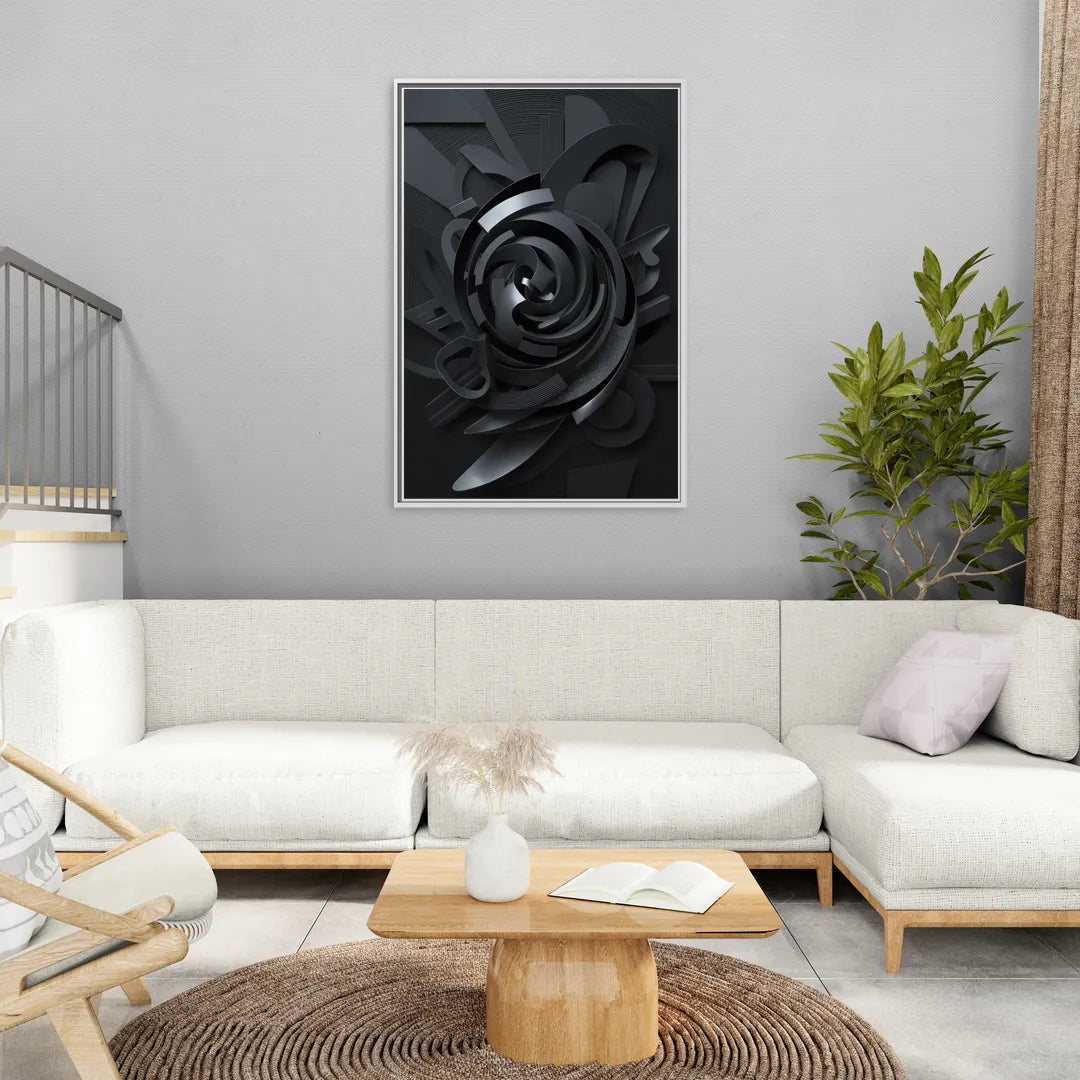 Elegant Vortex Swirl Black Abstract - Living Room White Frame Canvas