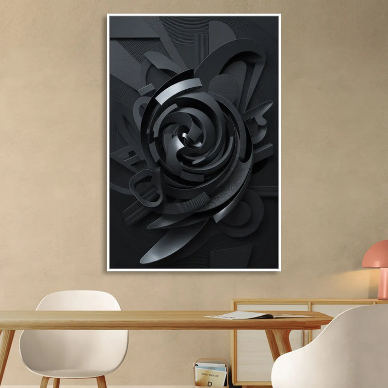 Elegant Vortex Swirl Black Abstract Sitting Room - White Canvas Wall Art