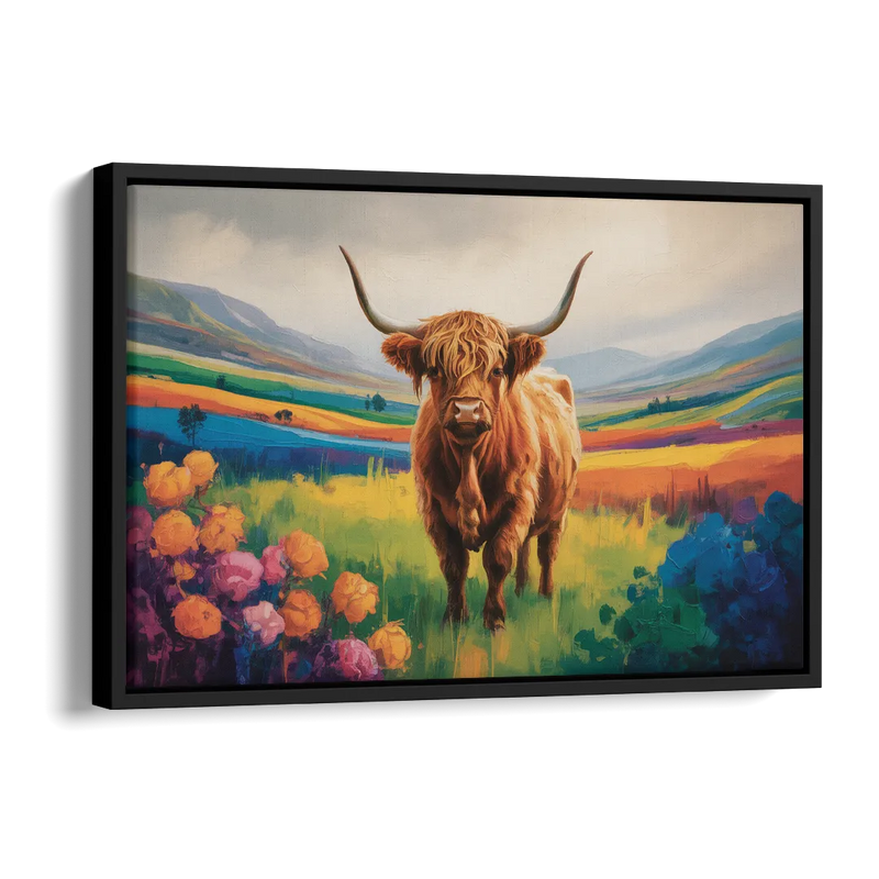 Enchanted Highland Cow Glass Look Side - Black Canvas Wall Art