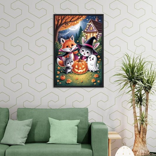Enchanting Animals Festivity Cute Halloween - Living Room Black Frame Canvas
