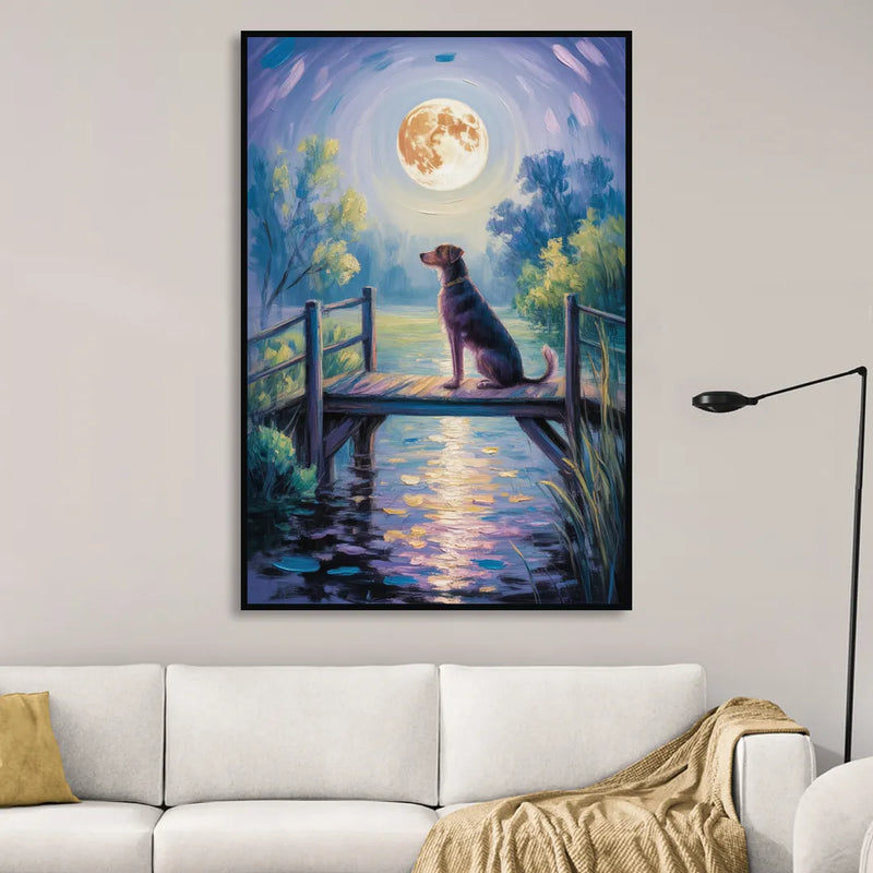 Enchanting Dog and Moon Living Room - Black Canvas Wall Art