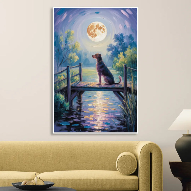 Enchanting Dog and Moon Sitting Room - White Canvas Wall Art