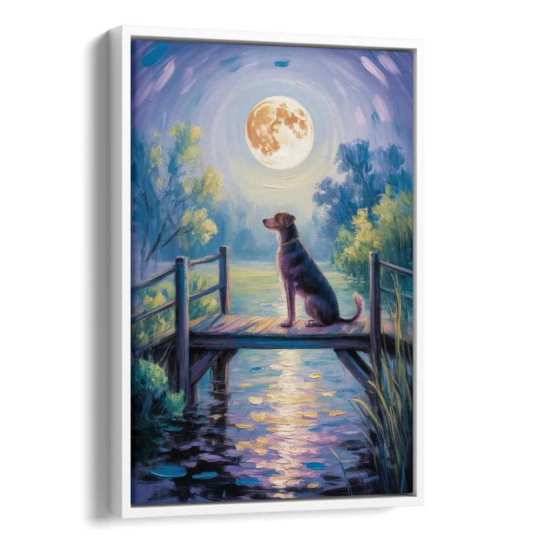 Enchanting Dog and Moon Side - White Canvas Wall Art