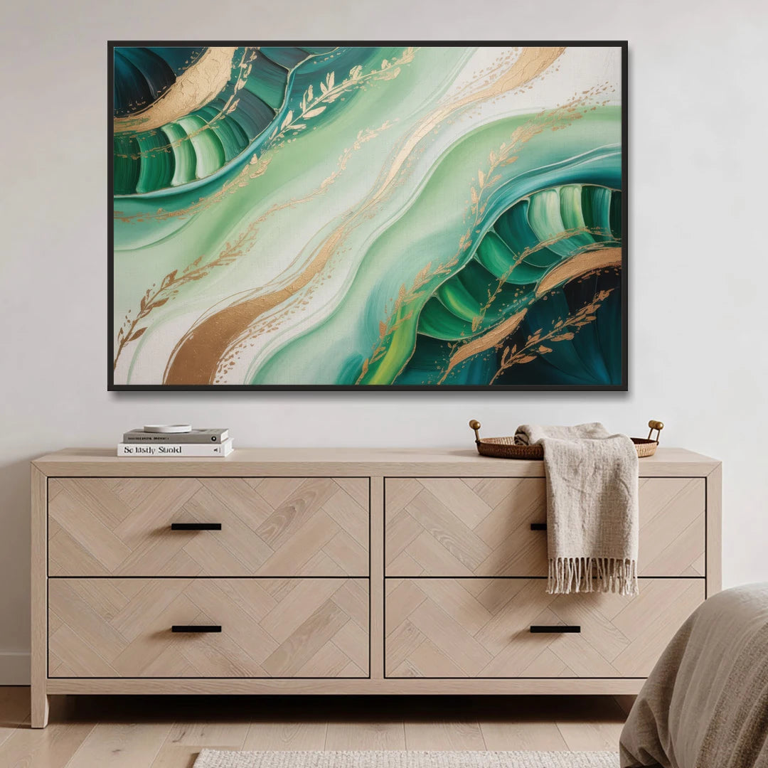 Enchanting Forest Green Abstract - Black Framed Canvas Wall Art - Coffee Table - 60x40