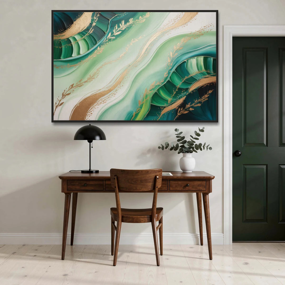 Enchanting Forest Green Abstract - Black Framed Canvas Wall Art - Office - 60x40