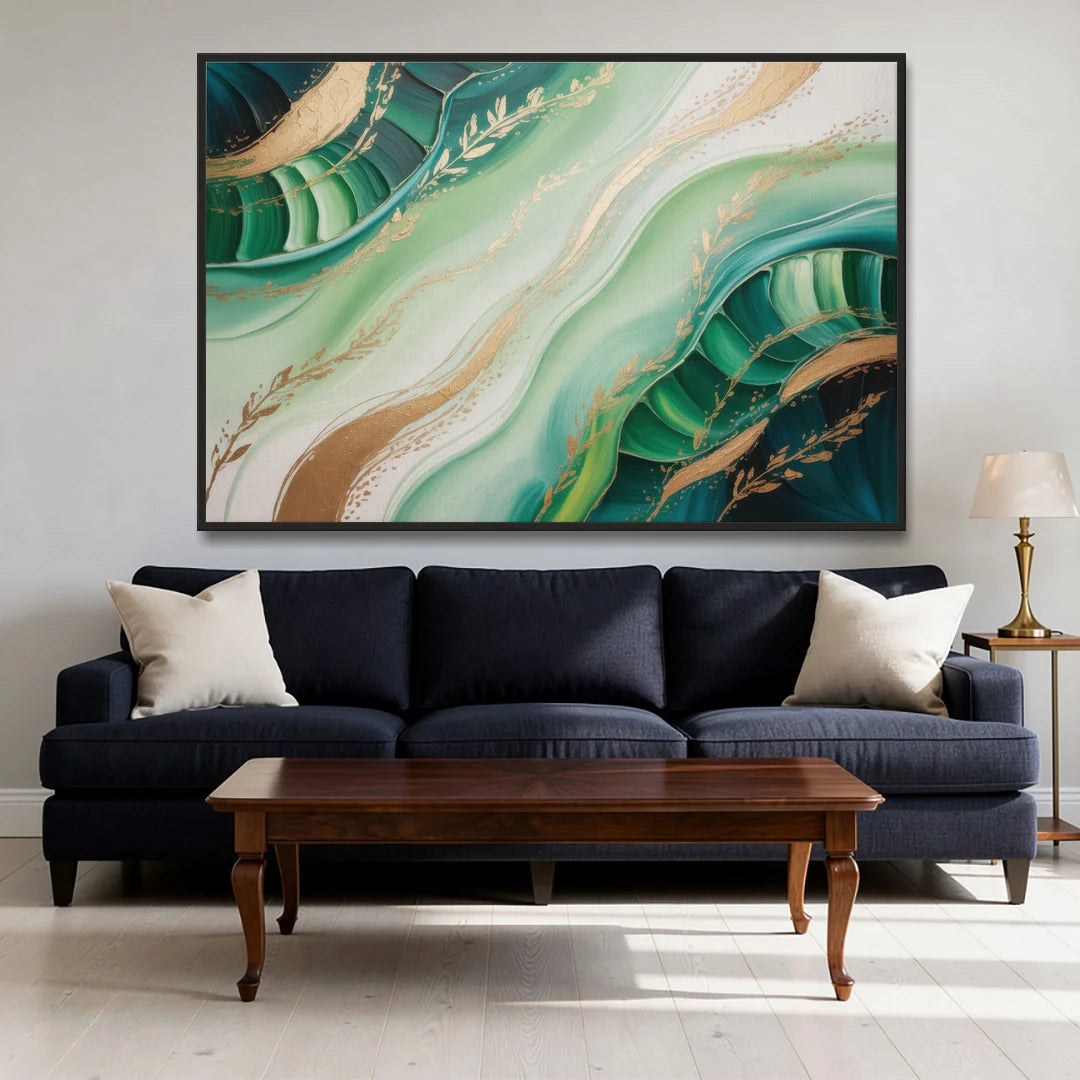 Enchanting Forest Green Abstract - Black Framed Canvas Wall Art - Sofa - 60x40