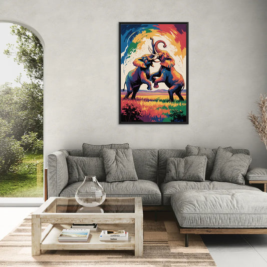 Epic Elephant Battle - Living Room Black Frame Canvas