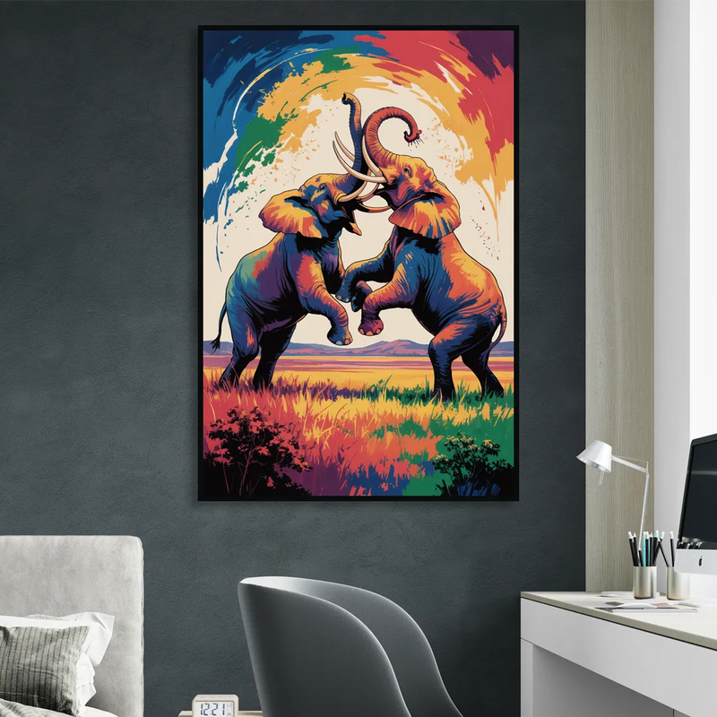 Epic Elephant Battle Sitting Room - Black Canvas Wall Art