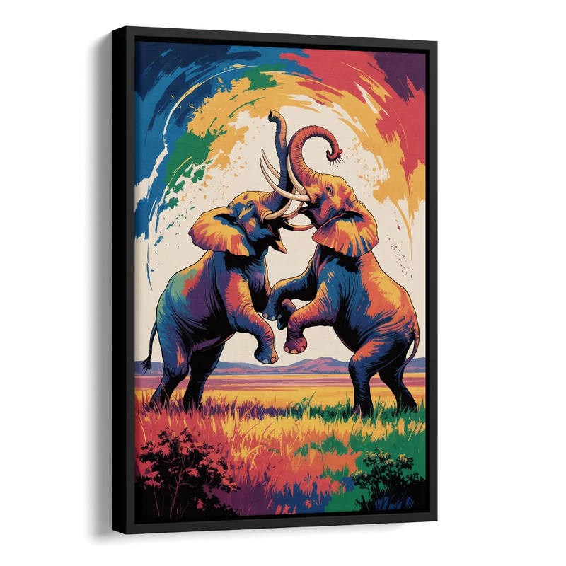 Epic Elephant Battle Side - Black Canvas Wall Art