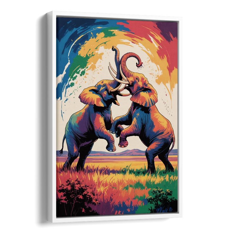 Epic Elephant Battle Side - White Canvas Wall Art