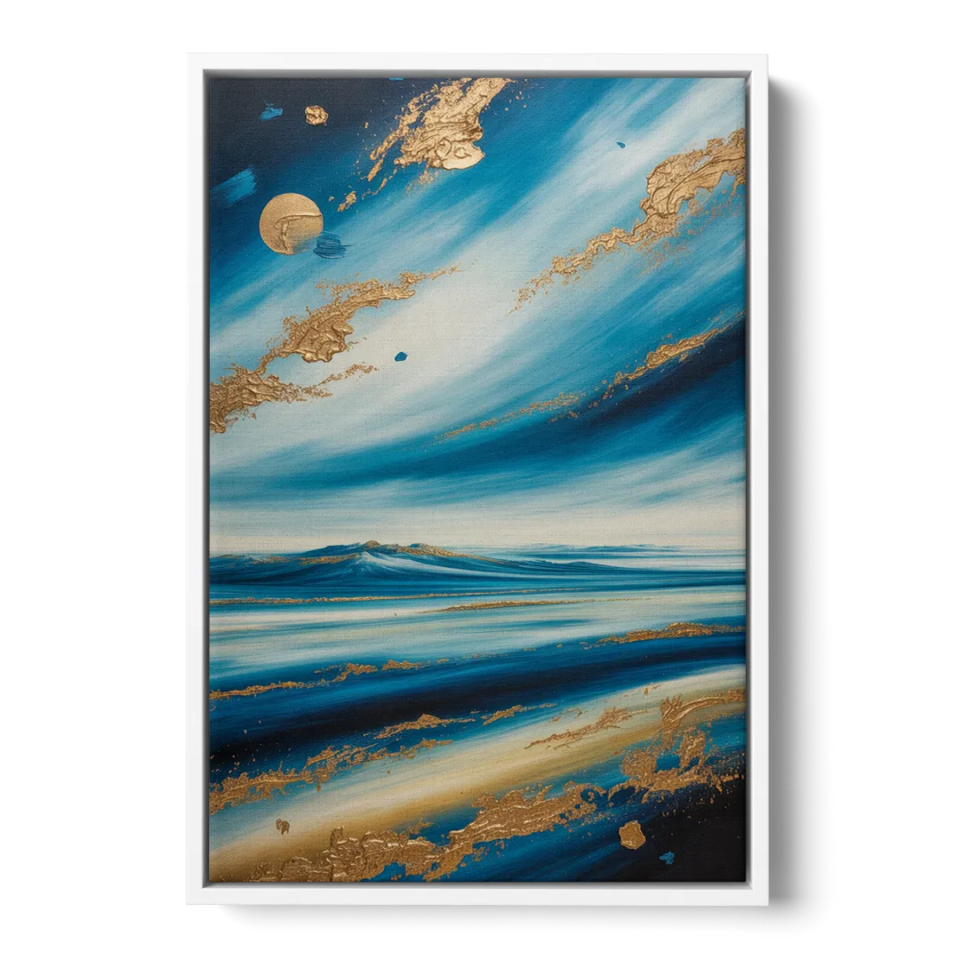 Eternal Horizon Blue and Gold Abstract - White Frame Canvas