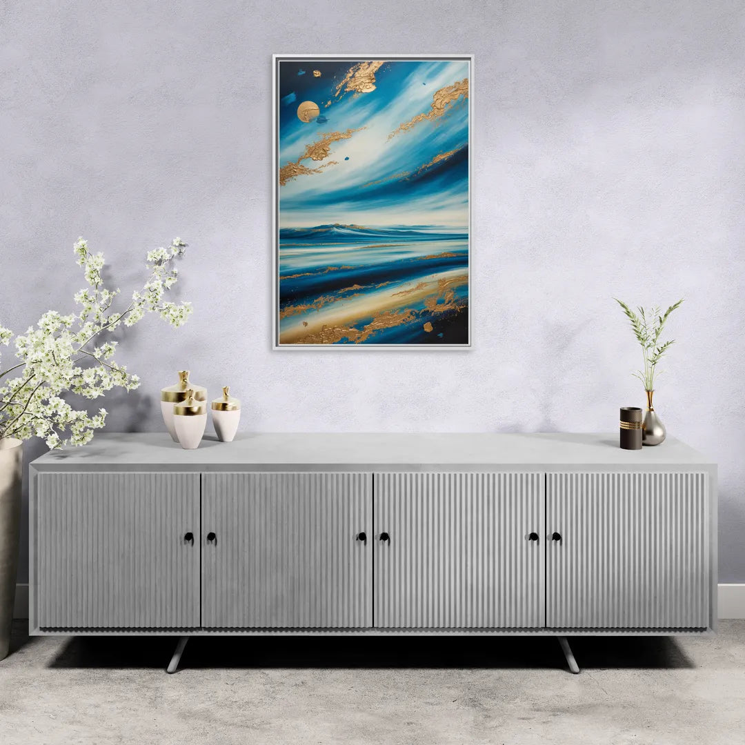 Eternal Horizon Blue and Gold Abstract - Living Room White Frame Canvas