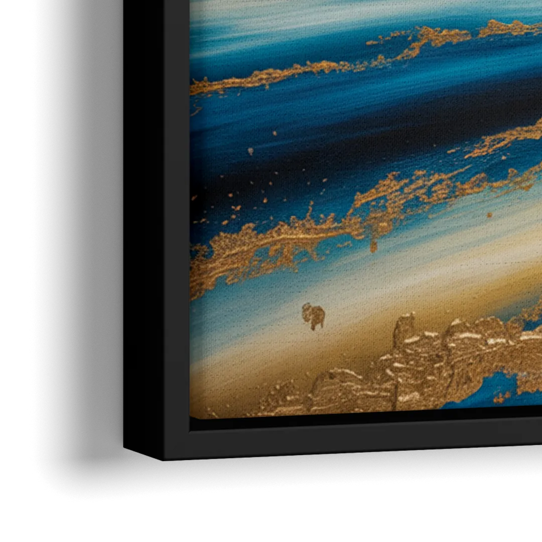 Eternal Horizon Blue and Gold Abstract - Close-Up Black Frame Canvas