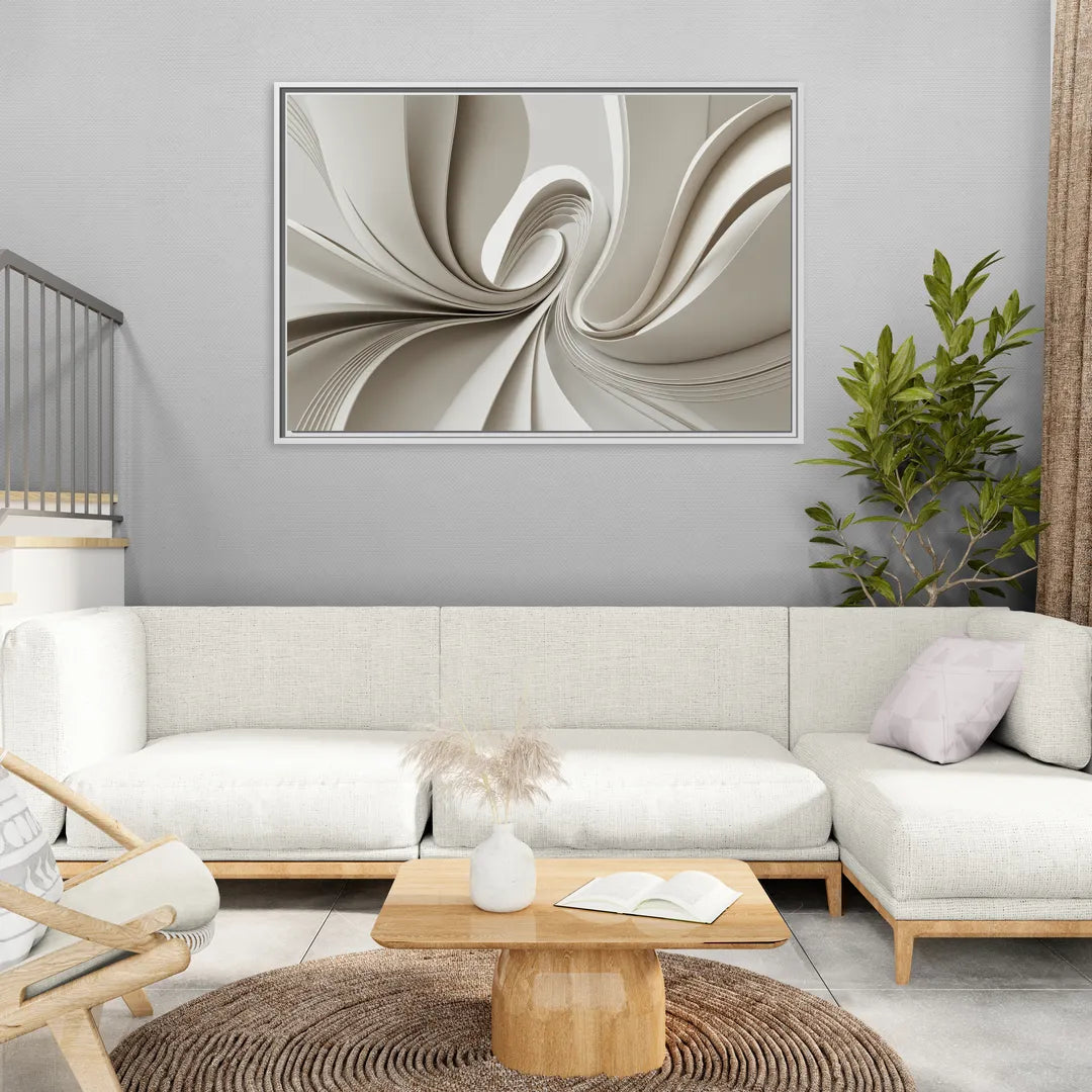 Ethereal Elegance White Abstract - Living Room White Frame Canvas